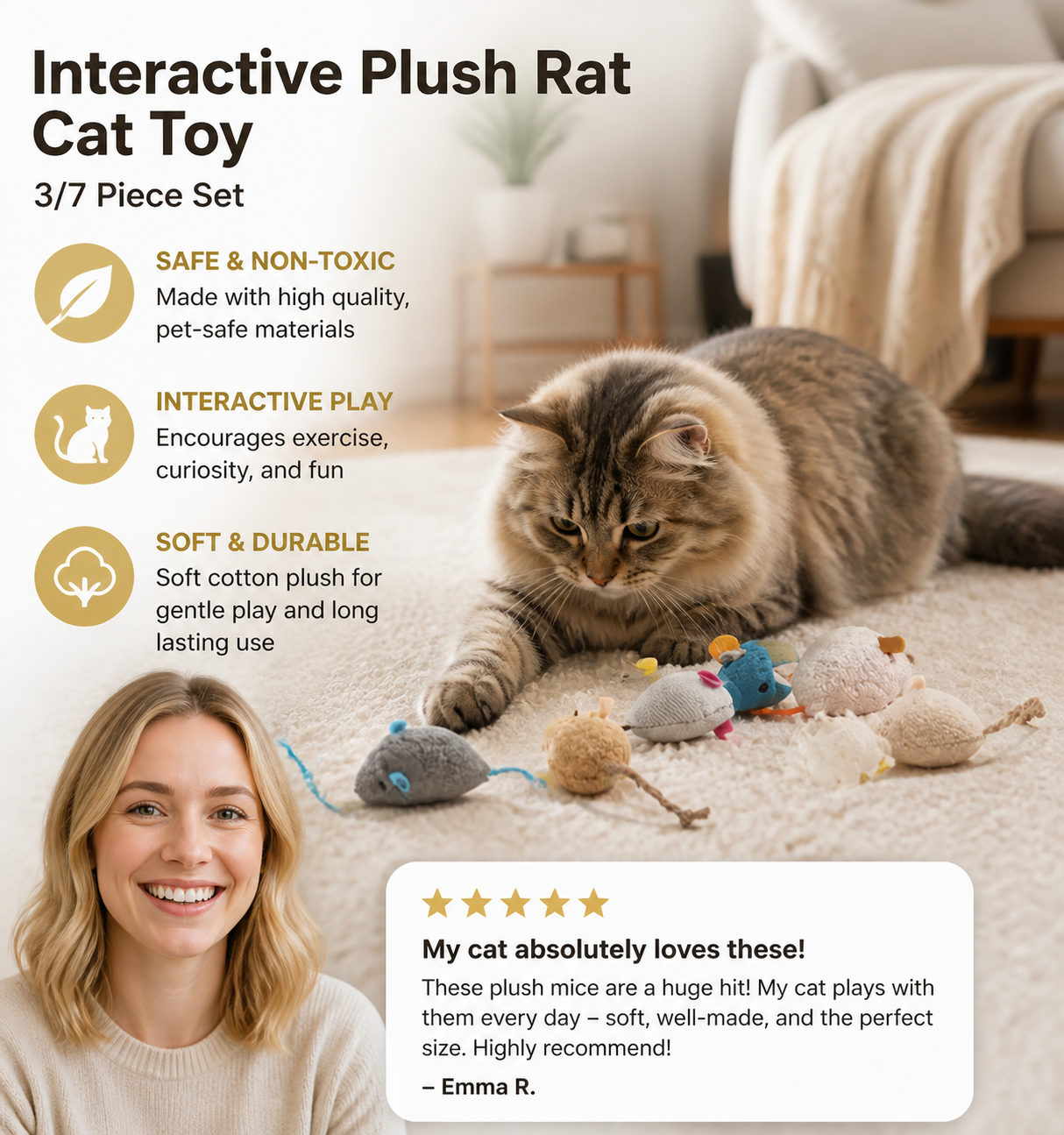 3/7 Piece Interactive Plush Rat Cat Toy