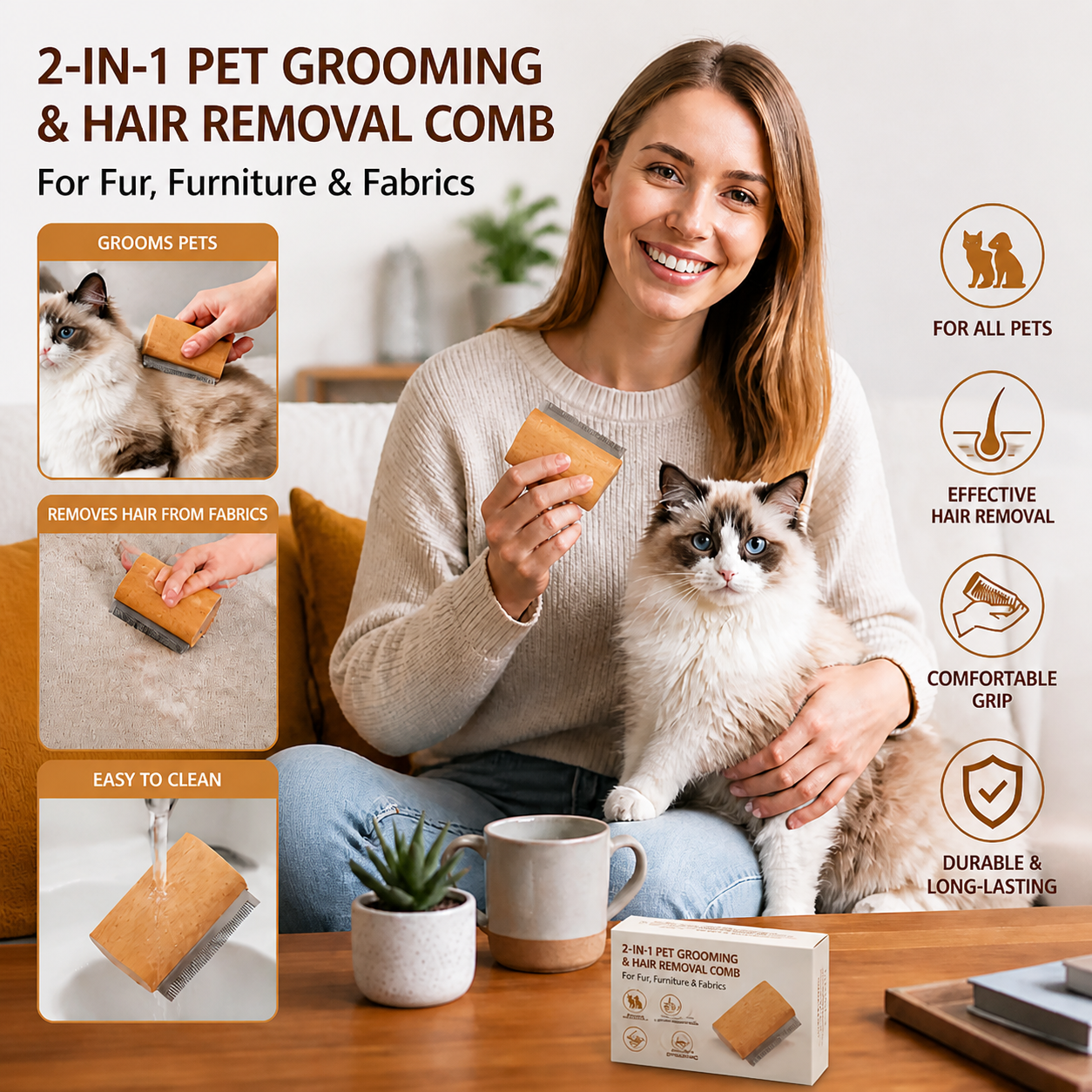 2-in-1 Pet Grooming & Hair Removal Comb for Fur, Furniture & Fabrics