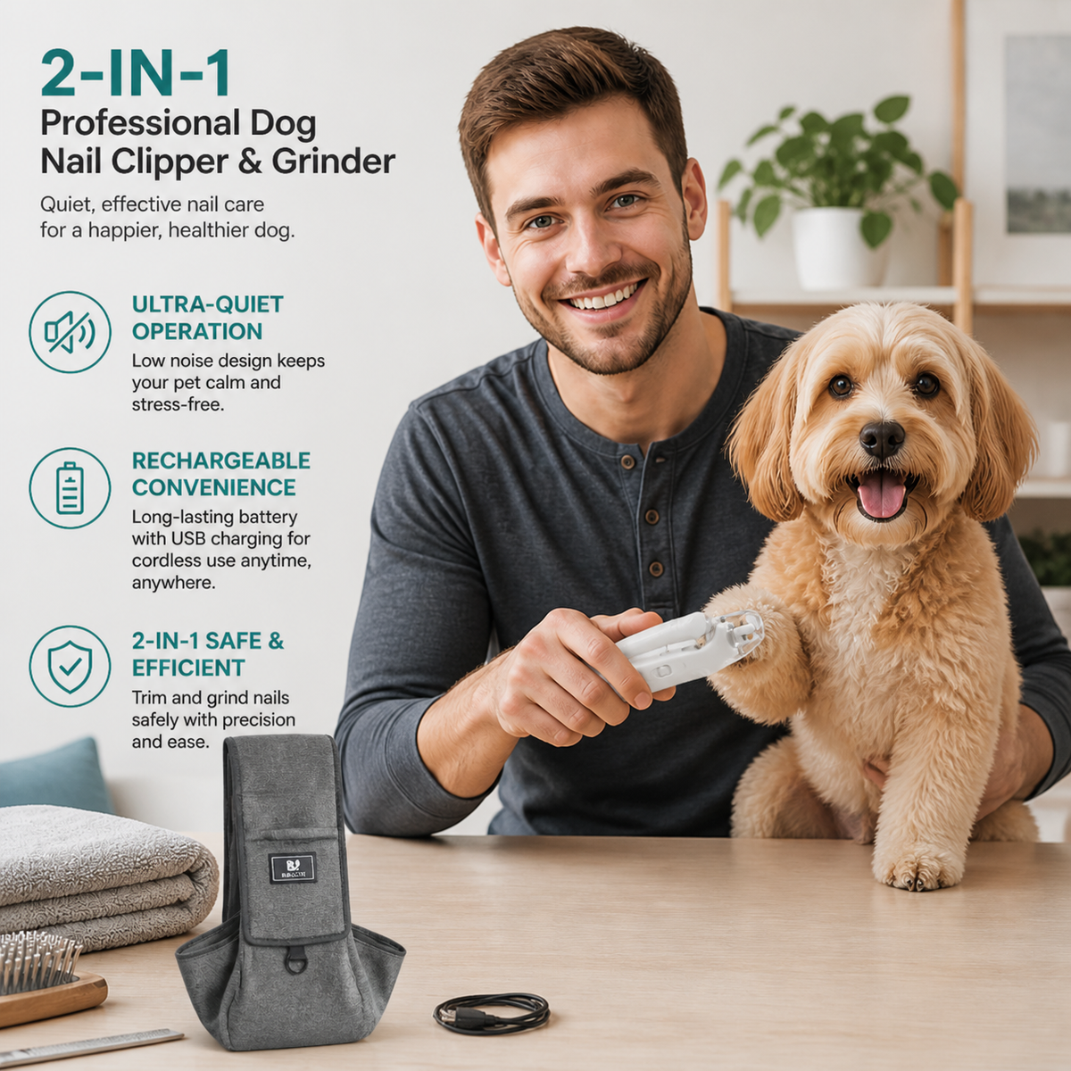 2-in-1 Professional Dog Nail Clipper & Grinder – Ultra-Quiet & Rechargeable