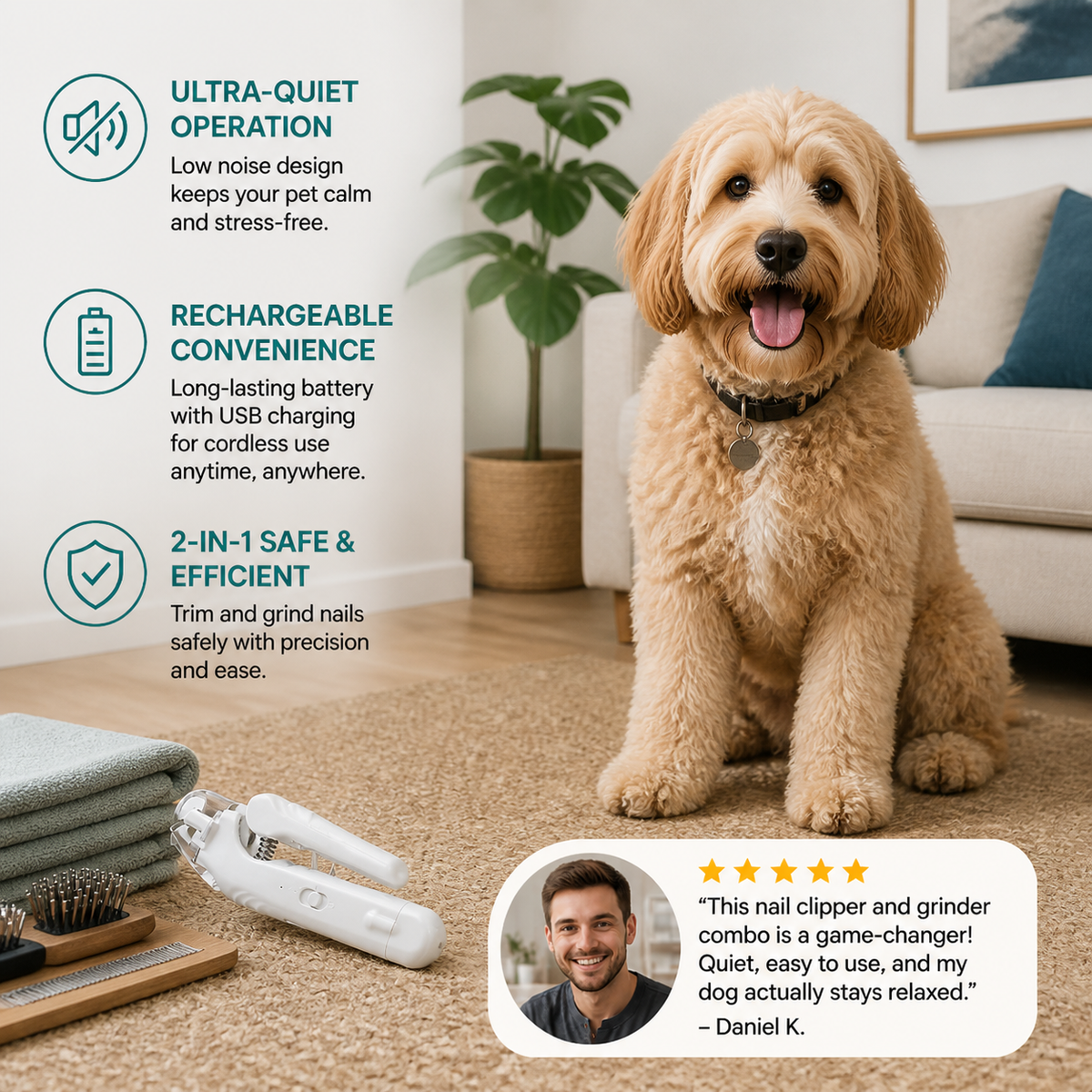 2-in-1 Professional Dog Nail Clipper & Grinder – Ultra-Quiet & Rechargeable
