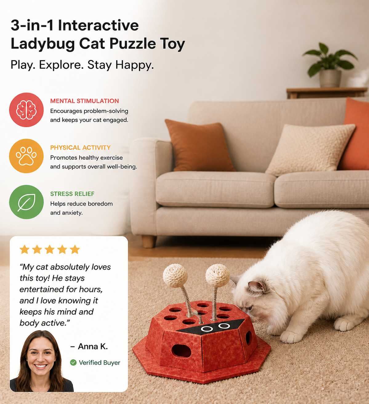 3in1 Interactive Ladybug Cat Puzzle Toy