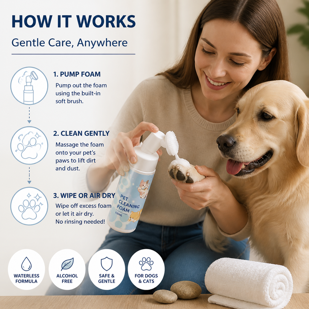 Gentle Waterless Paw Cleansing Foam with Brush for Dogs