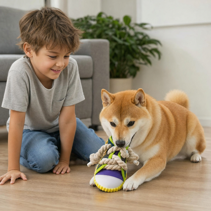 Squeaky slipper with sturdy cotton rope – dental care & fun for dogs