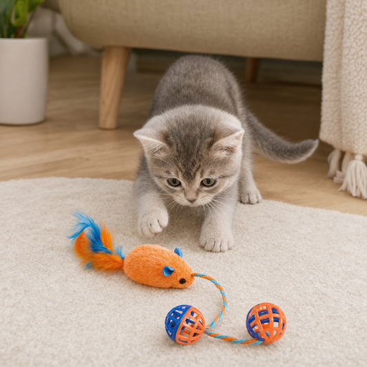 Stuffed Mouse with a String Sounding Bell Ball