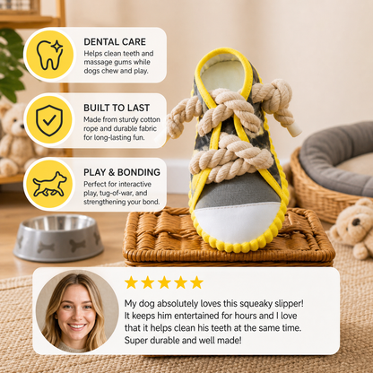 Squeaky slipper with sturdy cotton rope – dental care & fun for dogs