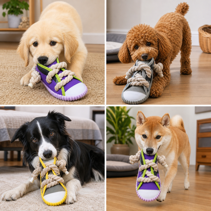 Squeaky slipper with sturdy cotton rope – dental care & fun for dogs