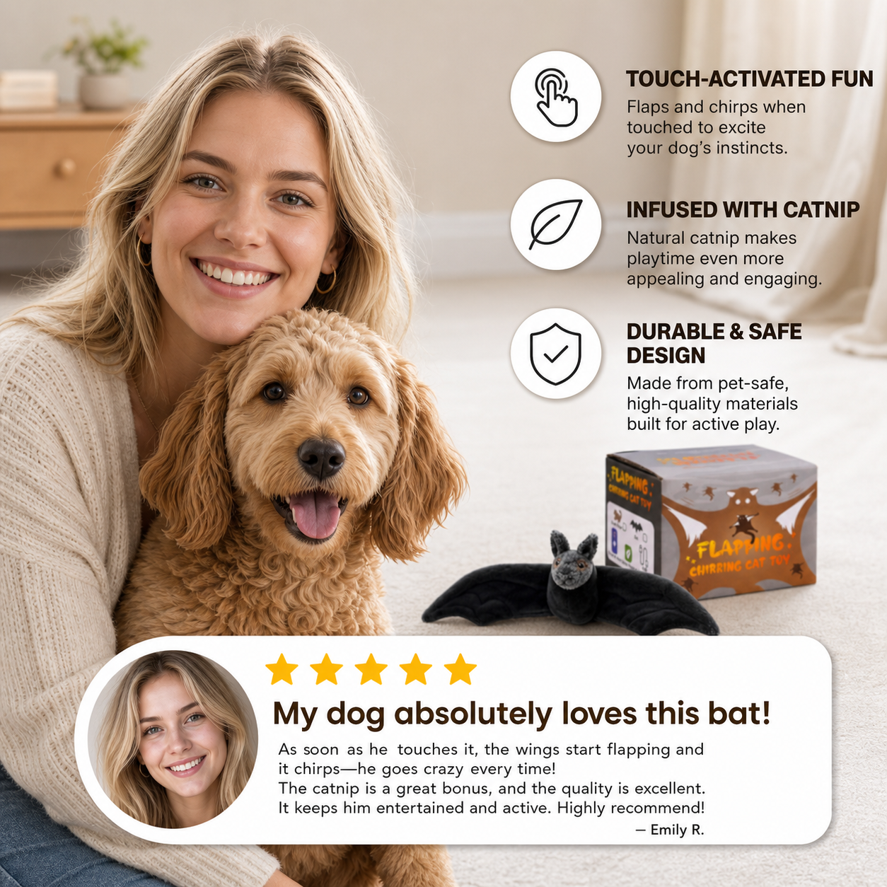 Touch—Activated Flapping Bat Dog Toy with Catnip
