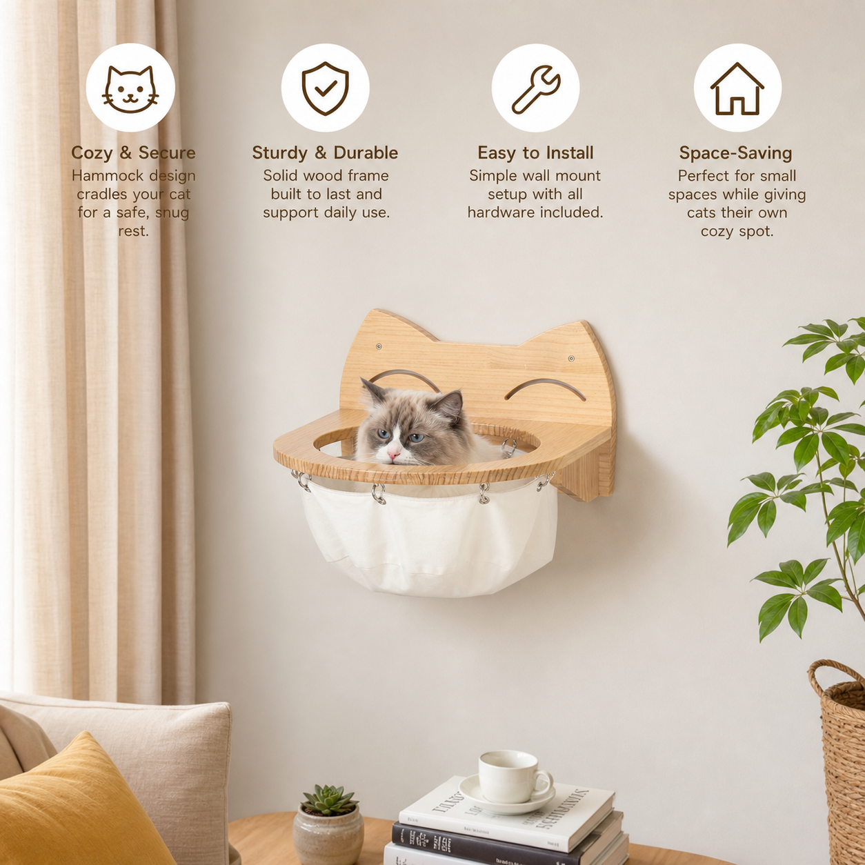 Hanging wooden cat basket