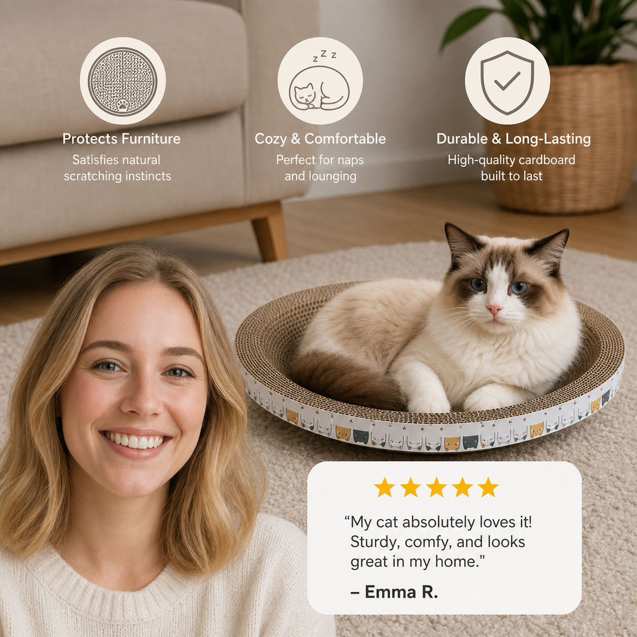 CozyCardboard - Durable Round Cat Scratcher and Bed