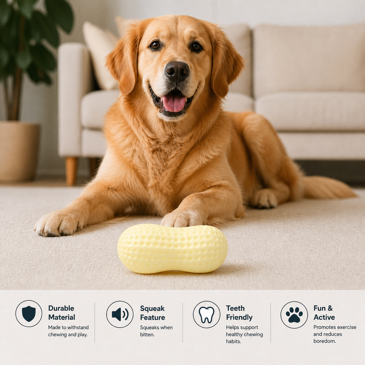 Durable squeaky peanut chew toy for dogs