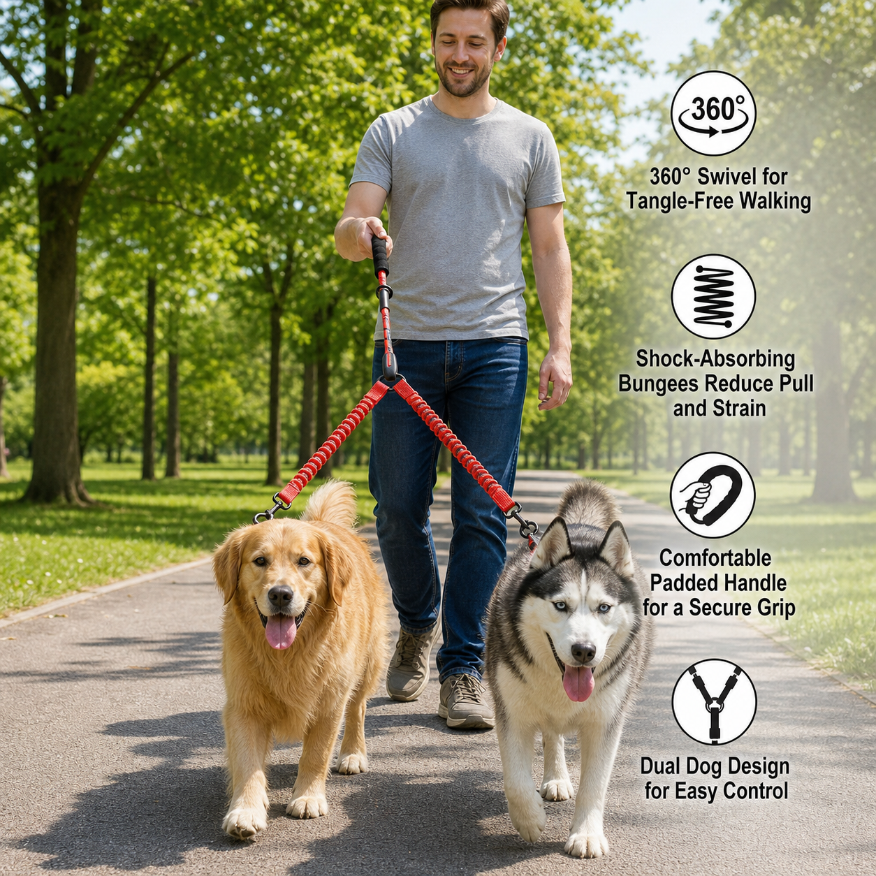 2-in-1 Double Dog Lead with 360° Swivel – Tangle-Free & Shock-Absorbing