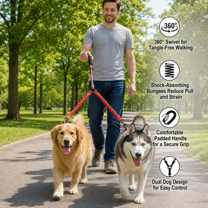 2-in-1 Double Dog Lead with 360° Swivel – Tangle-Free & Shock-Absorbing
