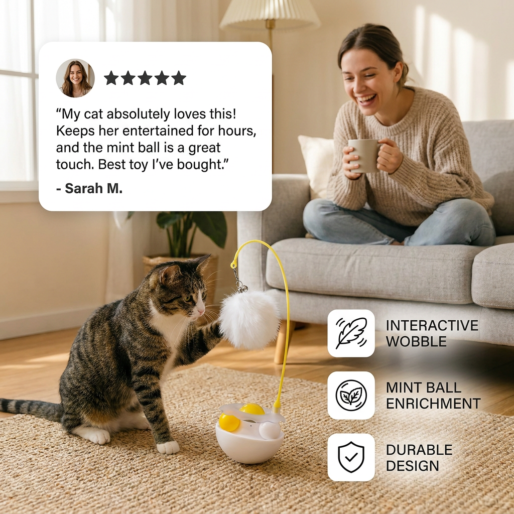 Wobbling feather and mint ball play station for cats