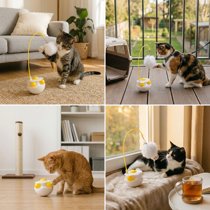 Wobbling feather and mint ball play station for cats