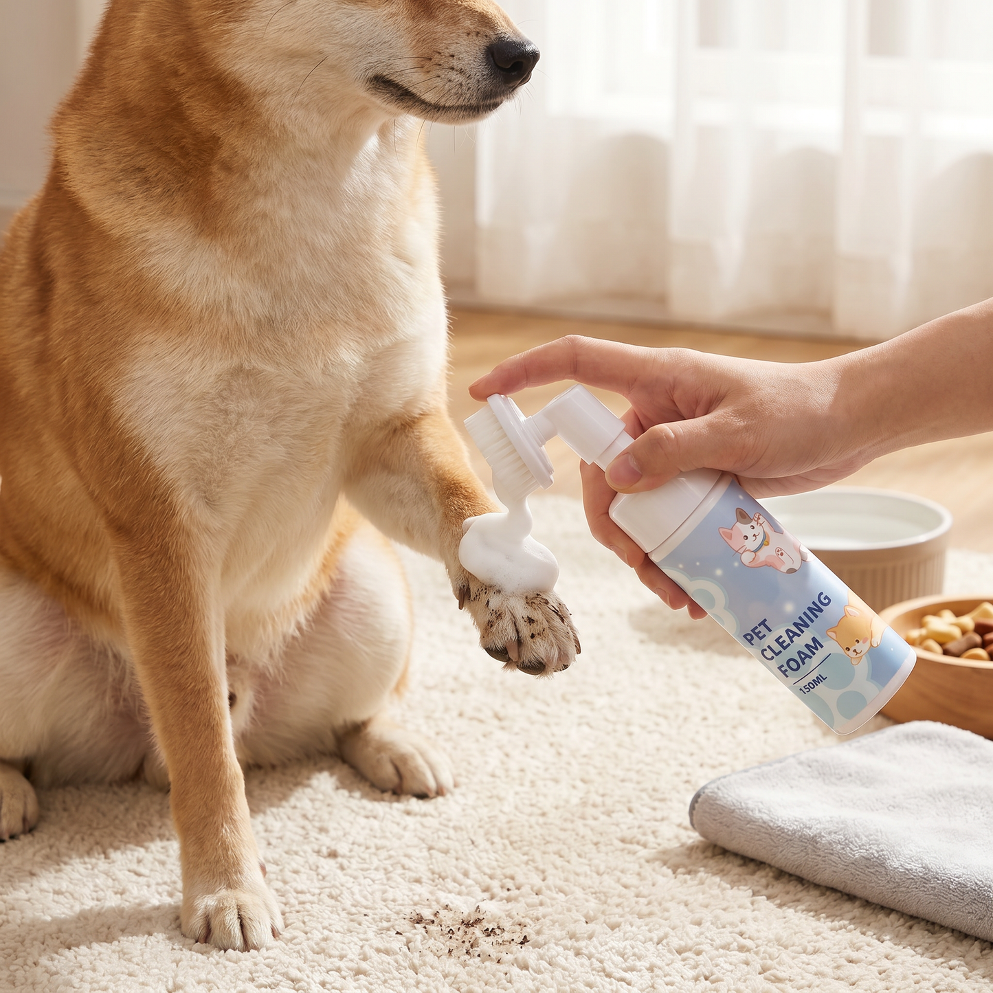 Gentle Waterless Paw Cleansing Foam with Brush for Dogs