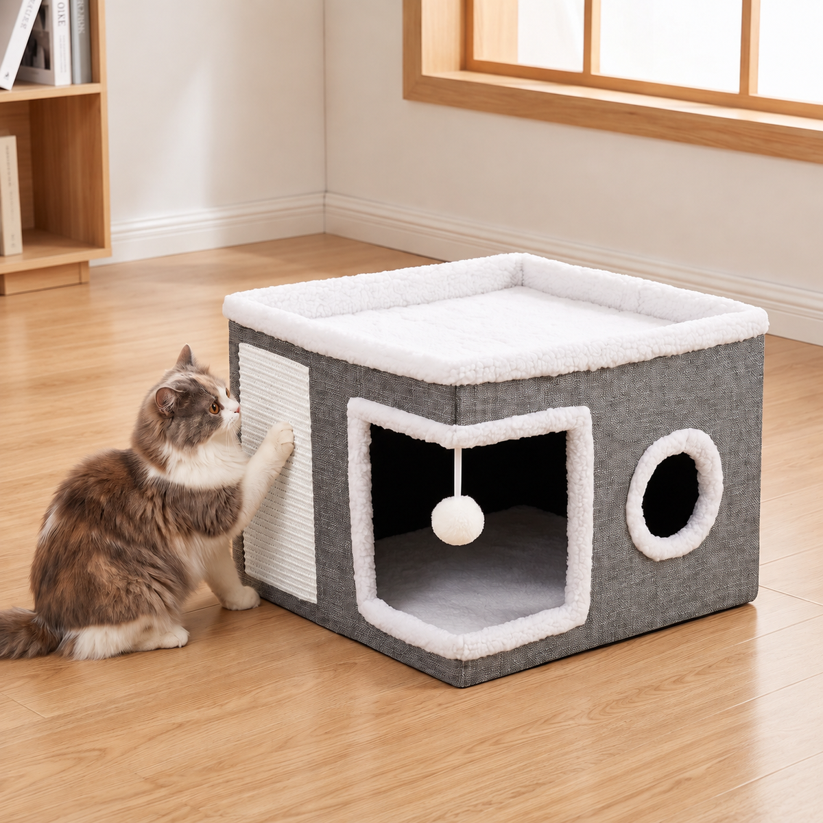 Modern Foldable Cat House with Double-Sided All-Season Cushion & Hanging Toys