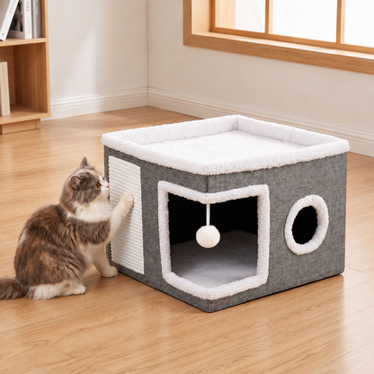 Modern Foldable Cat House with Double-Sided All-Season Cushion & Hanging Toys