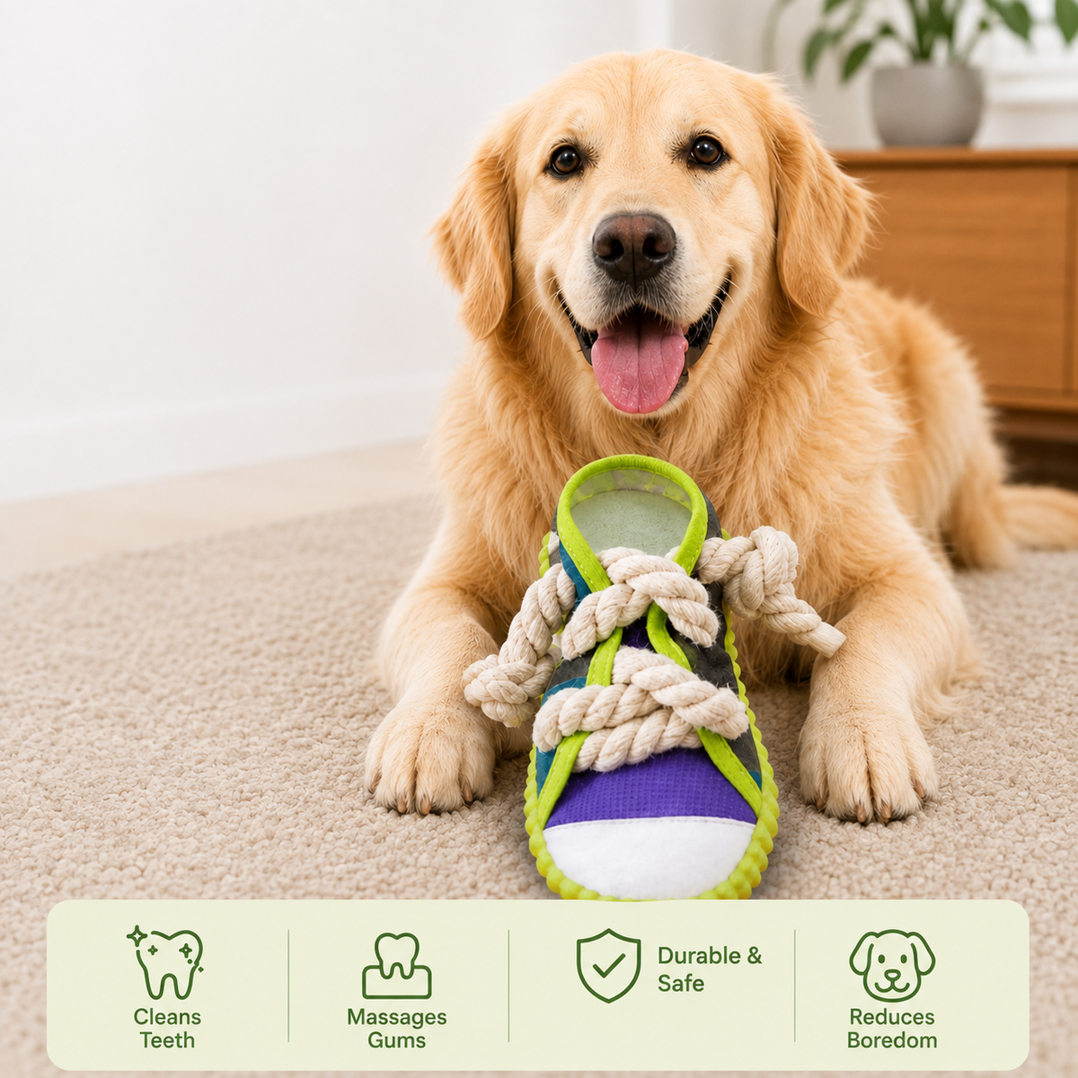Squeaky slipper with sturdy cotton rope – dental care & fun for dogs