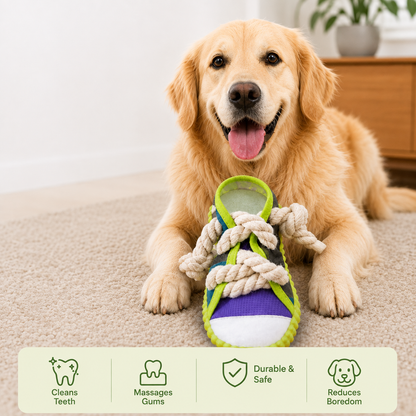 Squeaky slipper with sturdy cotton rope – dental care & fun for dogs