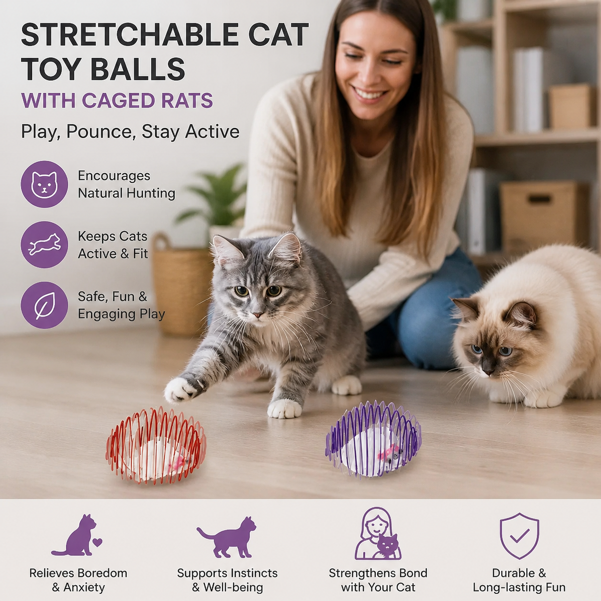 Stretchable Cat Toy Balls with Caged Rats