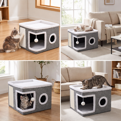 Modern Foldable Cat House with Double-Sided All-Season Cushion & Hanging Toys