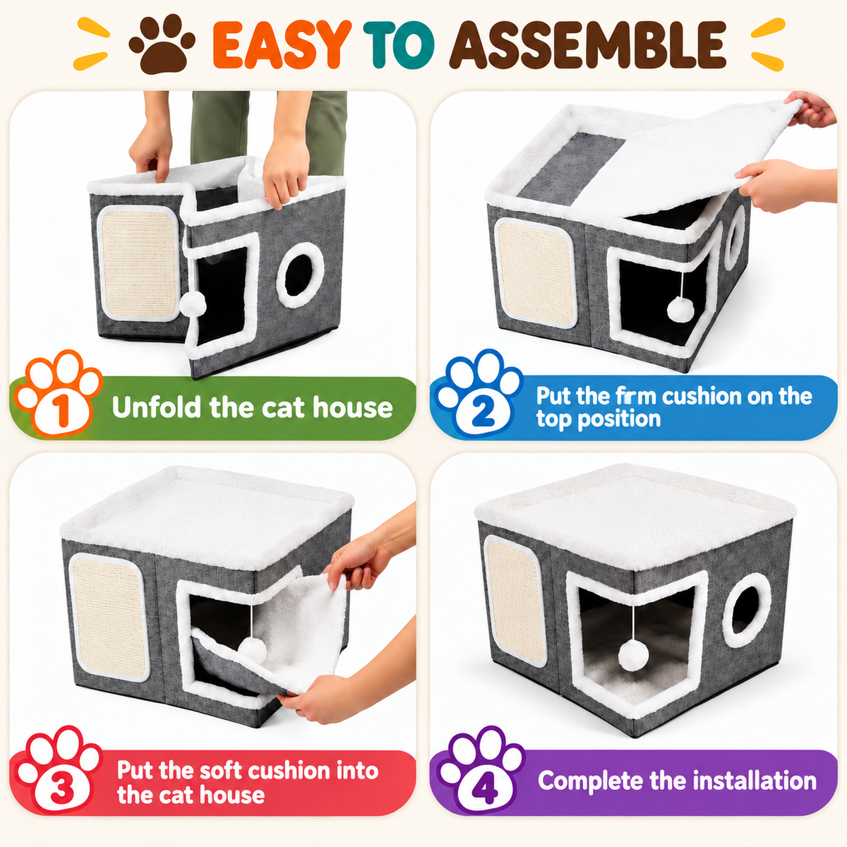 Modern Foldable Cat House with Double-Sided All-Season Cushion & Hanging Toys