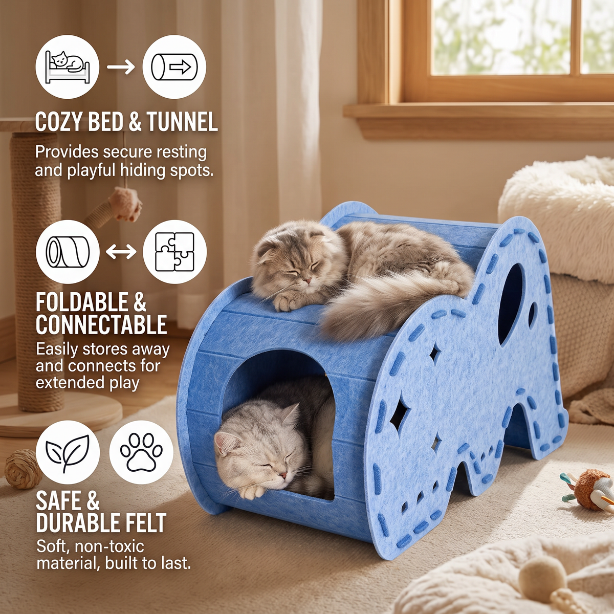 Elephant-Shaped Felt Cat Play Tunnel & Cozy Bed – Foldable and Connectable Design