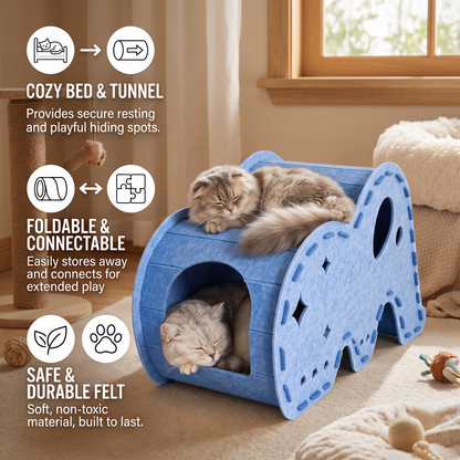 Elephant-Shaped Felt Cat Play Tunnel & Cozy Bed – Foldable and Connectable Design