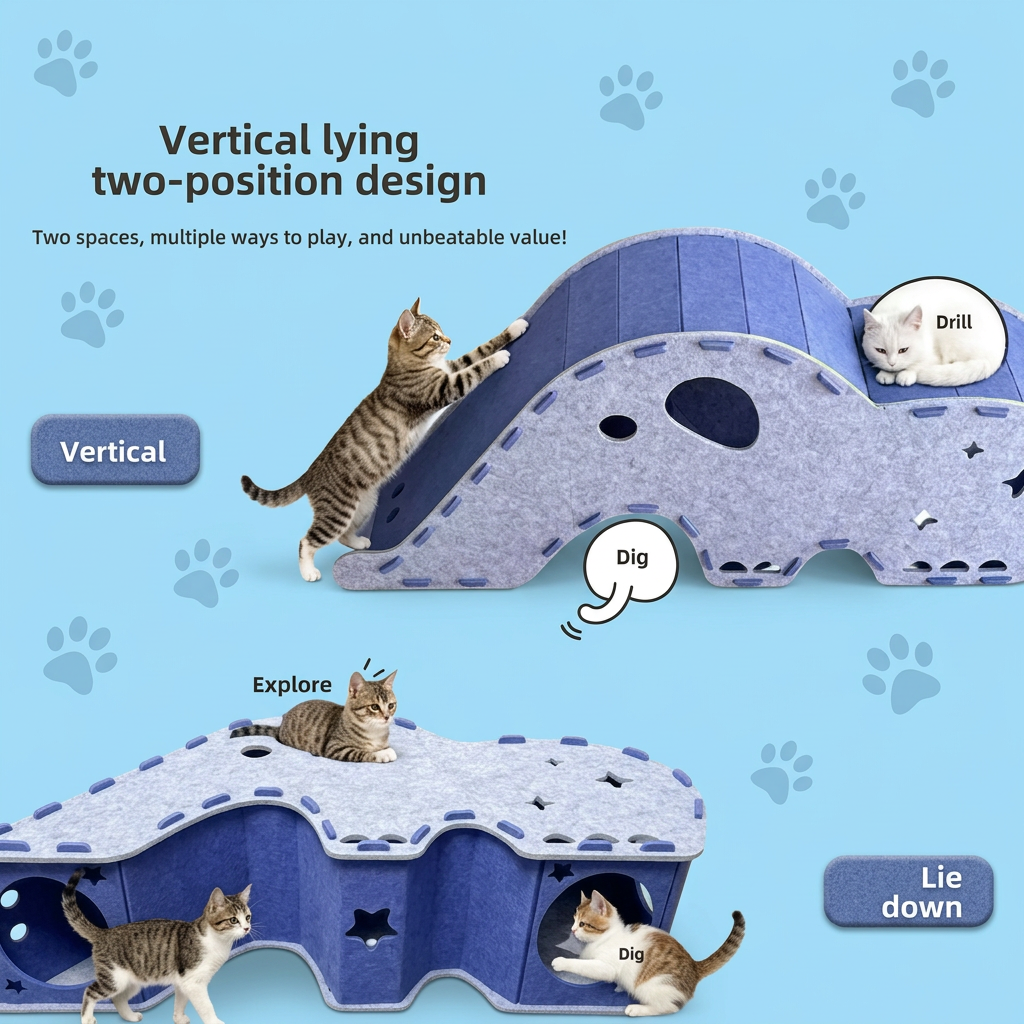 Elephant-Shaped Felt Cat Play Tunnel & Cozy Bed – Foldable and Connectable Design