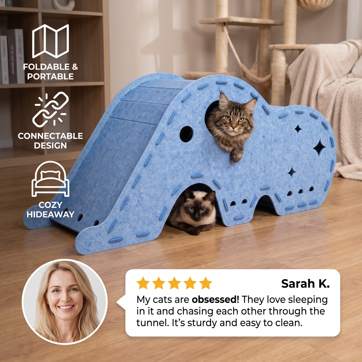 Elephant-Shaped Felt Cat Play Tunnel & Cozy Bed – Foldable and Connectable Design
