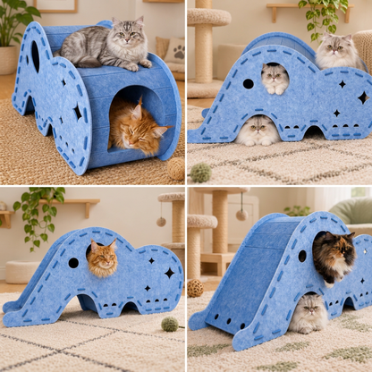 Elephant-Shaped Felt Cat Play Tunnel & Cozy Bed – Foldable and Connectable Design