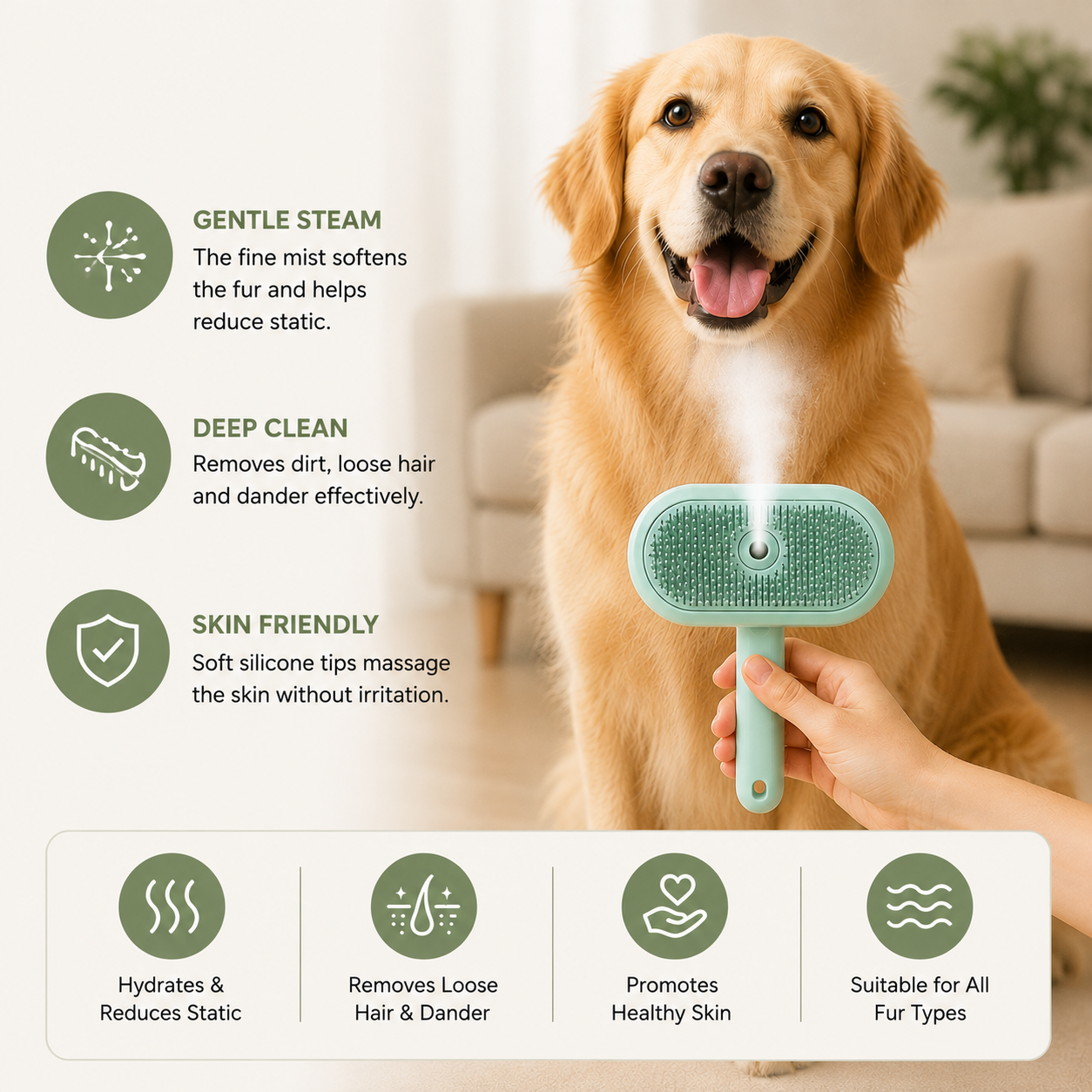 Premium pet brush with steam function