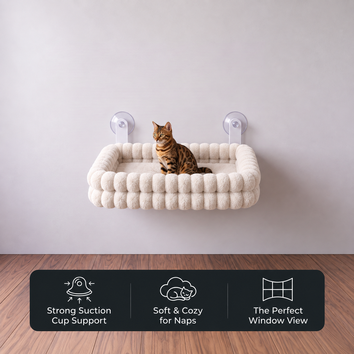 Fluffy Cordless Folding Cat Window Hammock with Strong Suction Cups & Washable Cover