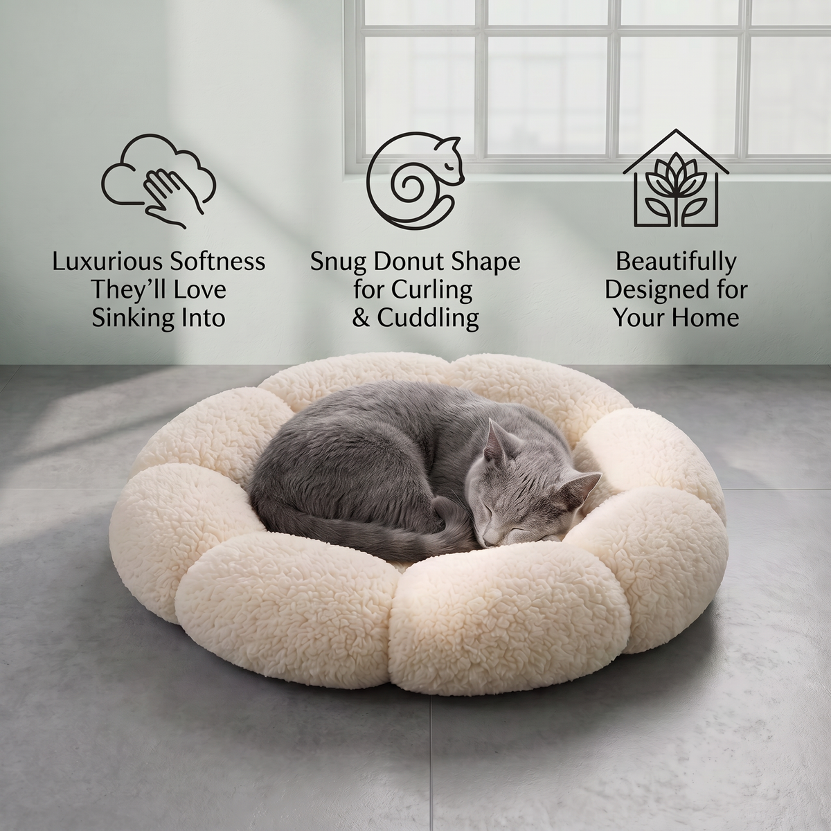 Luxury Floral Fluffy Donut Cat Bed – Soft & Washable Round Cushion