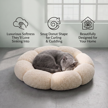 Luxury Floral Fluffy Donut Cat Bed – Soft & Washable Round Cushion