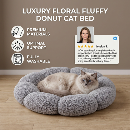 Luxury Floral Fluffy Donut Cat Bed – Soft & Washable Round Cushion