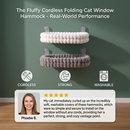 Fluffy Cordless Folding Cat Window Hammock with Strong Suction Cups & Washable Cover