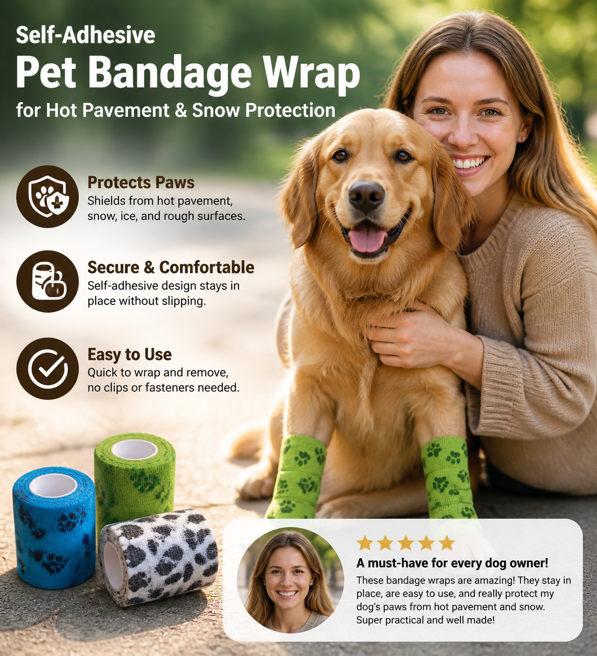 Self-Adhesive Pet Bandage Wrap for Hot Pavement & Snow Protection
