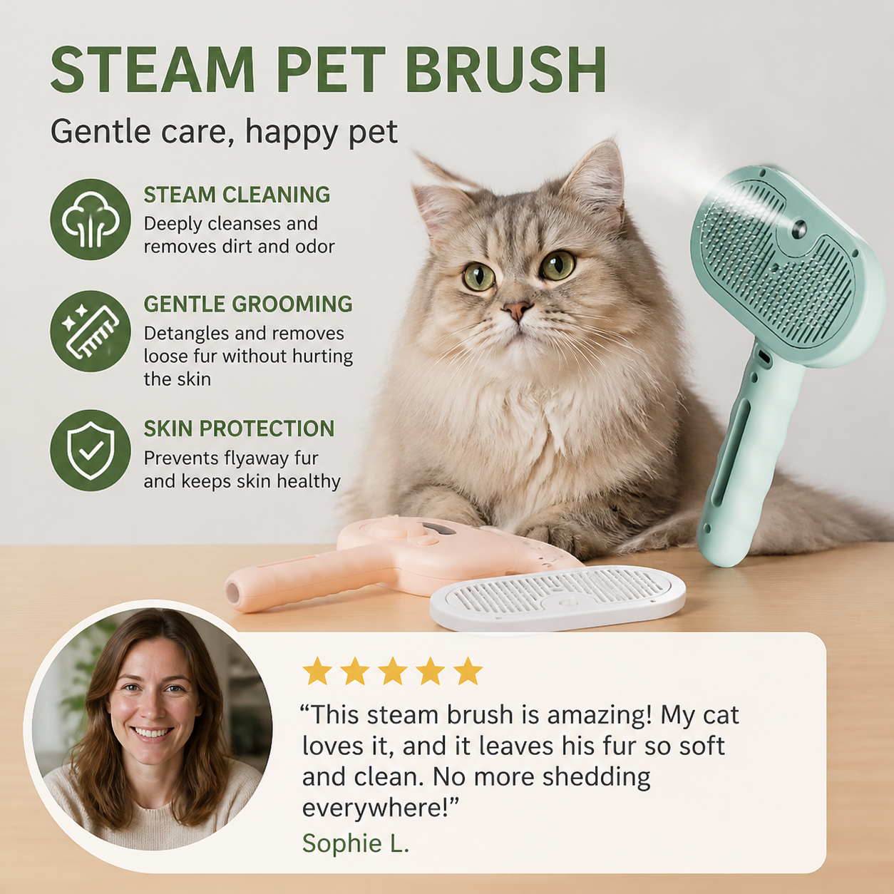 Premium pet brush with steam function