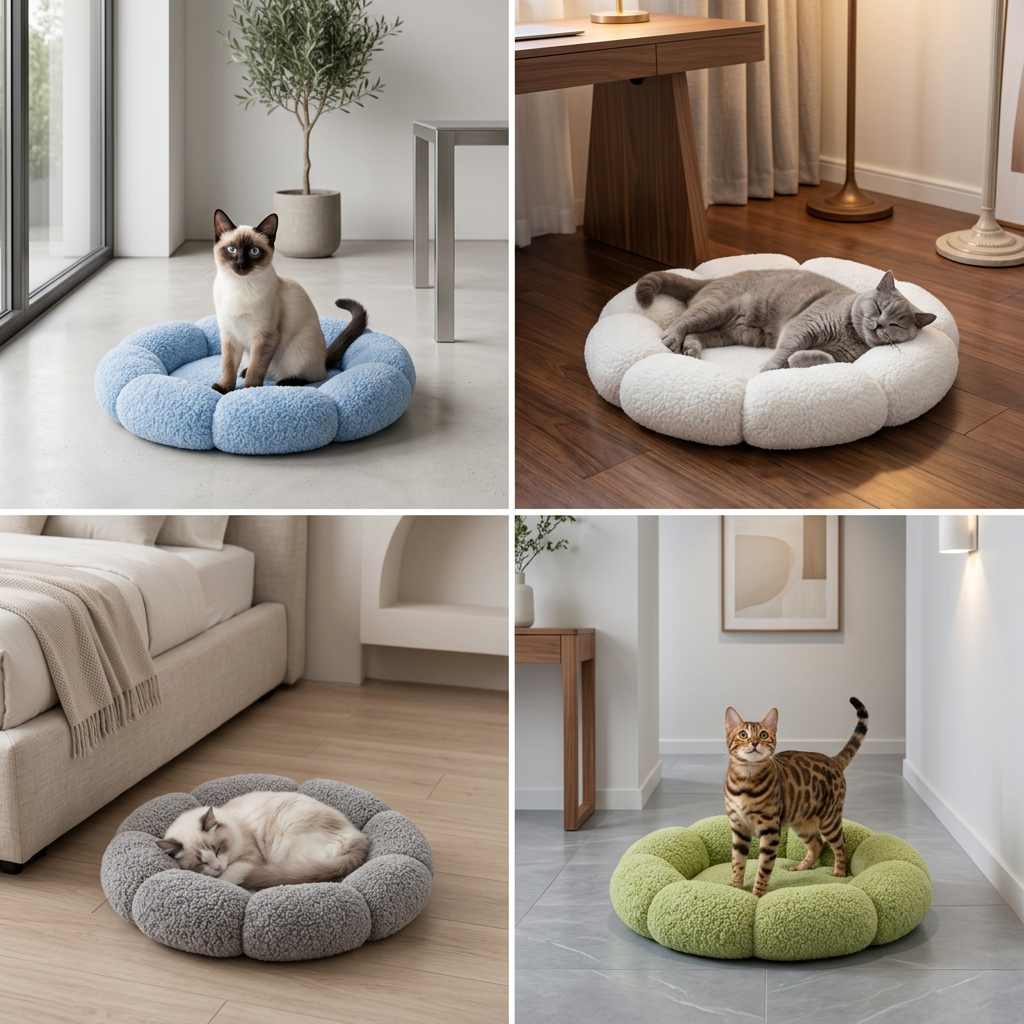 Luxury Floral Fluffy Donut Cat Bed – Soft & Washable Round Cushion